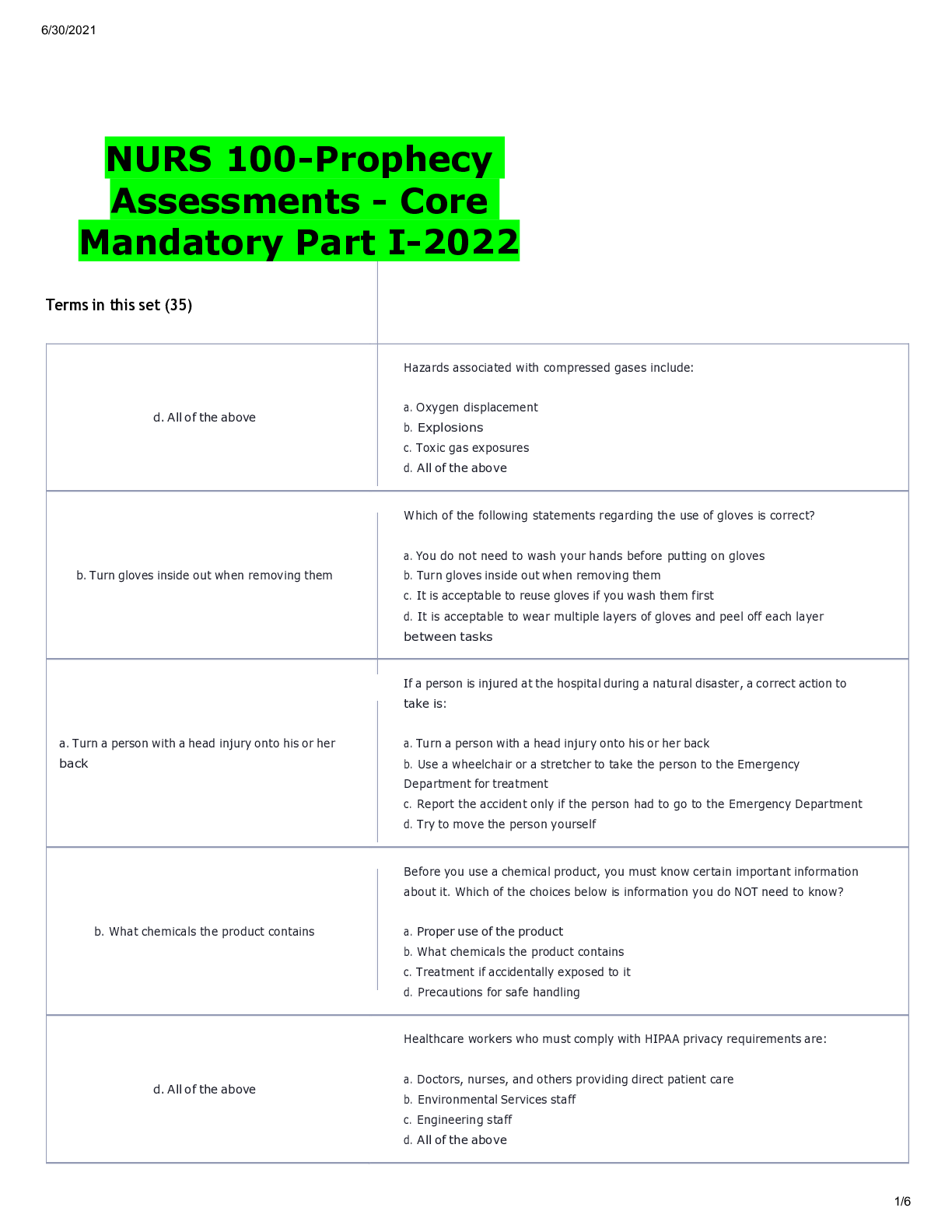 Preview of NURS 100-Prophecy Assessments Core Mandatory Part I-2022
